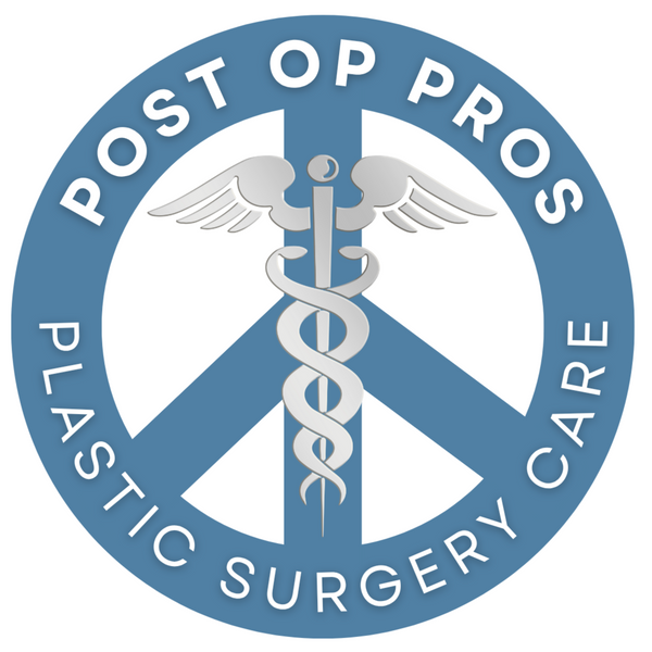 Logo for Post Op Pros Plastic Surgery Care with a peace symbol and medical caduceus.